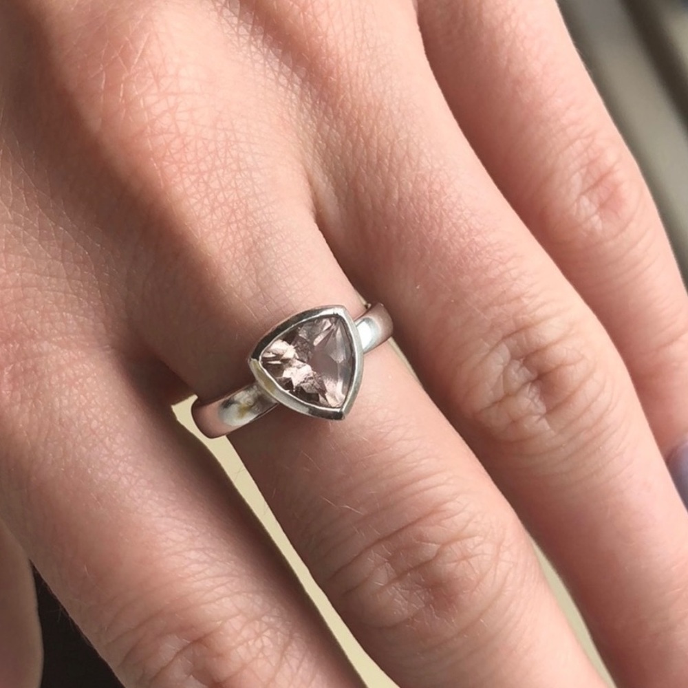 Pale Pink Rose Quartz Trillion Cut Sterling Silver Ring England Handmade